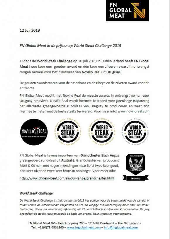 FN Global Meat in de prijzen op World Steak Challenge 2019